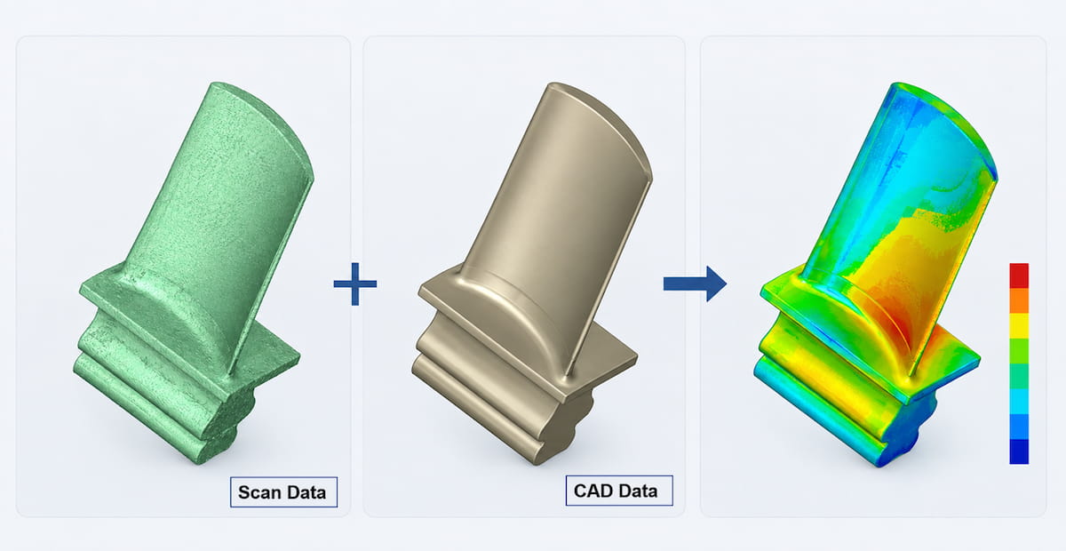 3D 스캔 데이터와 CAD 설계 데이터를 비교해 형상 편차를 컬러맵으로 분석하는 과정